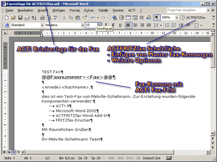 Screen Wordvorlage mit Faxnummerplatzhalter